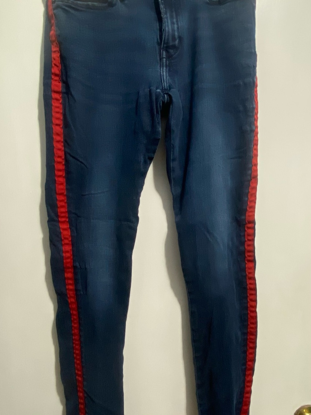 Express Women's Navy Skinny Jeans with Red Side Stripe